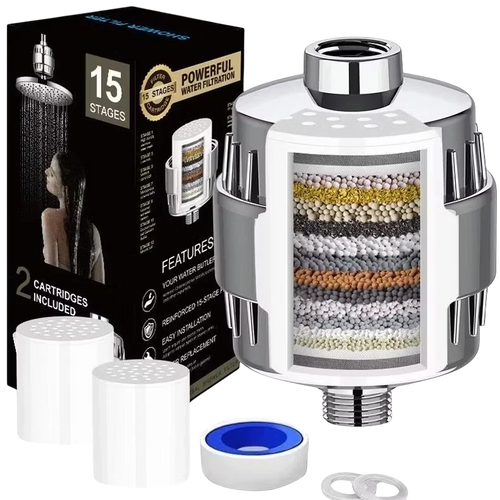 Roselle Wellness 15-stage shower filter with chrome housing, showing internal filtration layers and two cartridges.