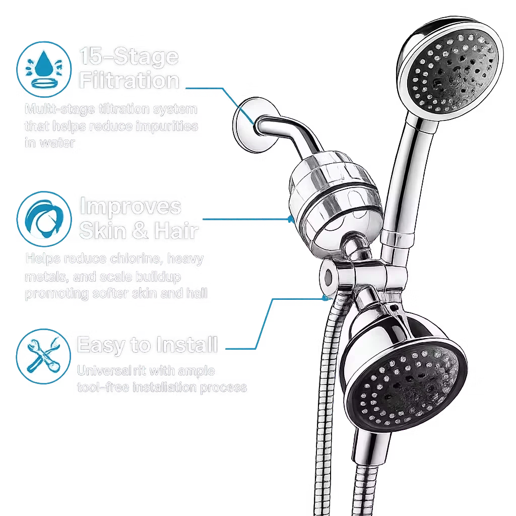 Roselle Wellness 15-stage chrome shower filter system with handheld shower head for cleaner, softer skin and hair.