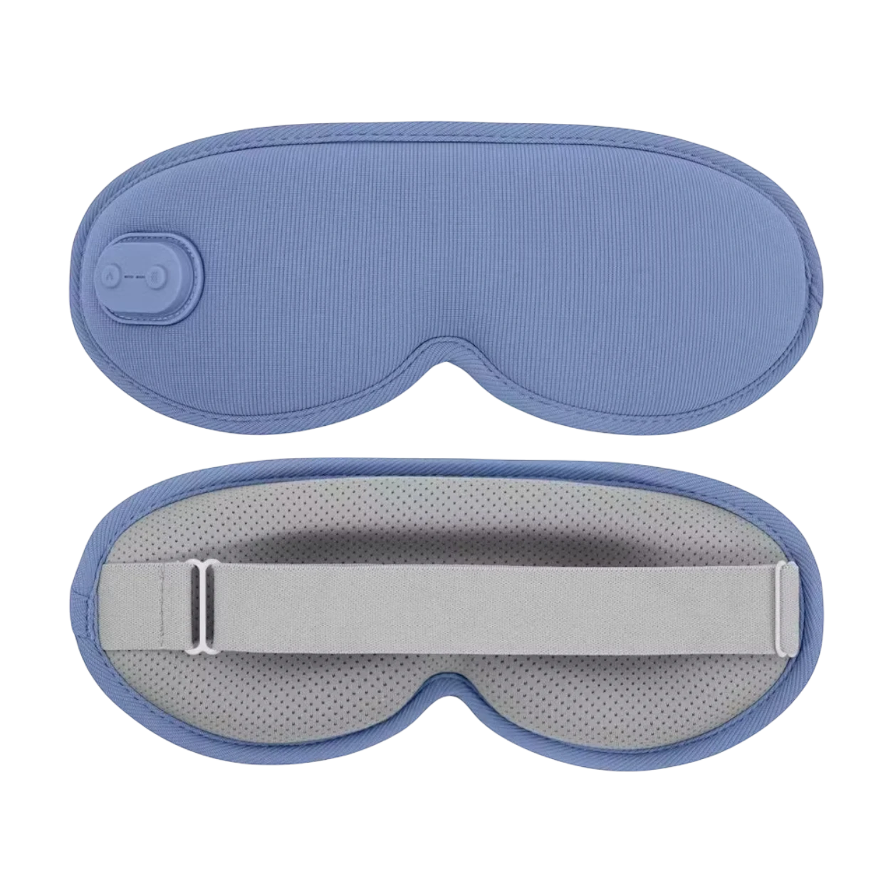 Roselle Wellness 3D heated eye mask in blue with adjustable strap and control button for sleep and fatigue relief