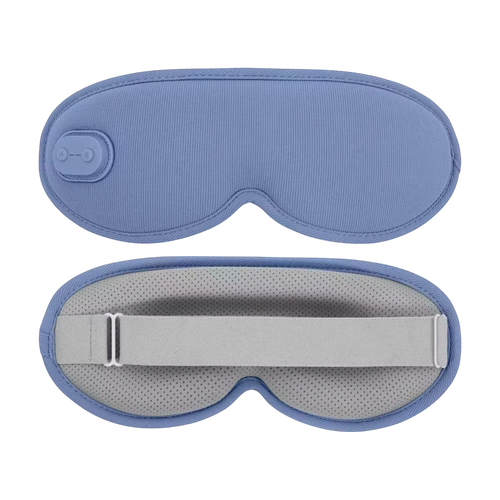 Roselle Wellness 3D heated eye mask in blue with adjustable strap and control button for sleep and fatigue relief