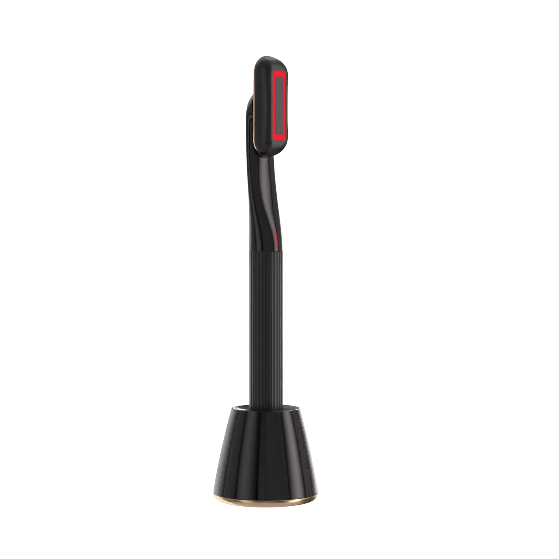 Roselle Wellness 5-in-1 eye therapy wand in black with red LED light, shown on a matching charging base.