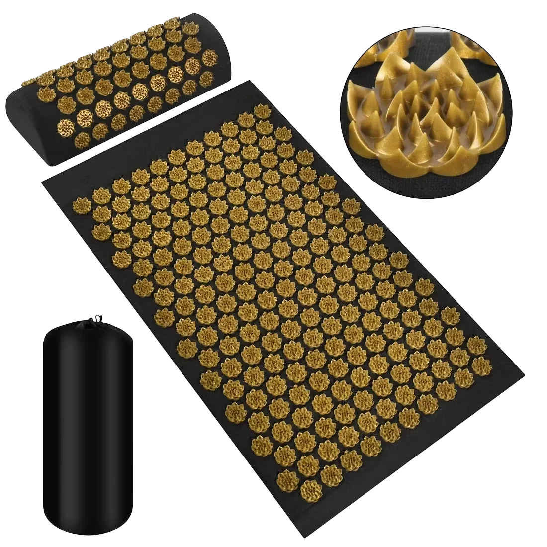 Roselle Wellness acupressure massage mat and pillow set with gold lotus-shaped pressure points on a black background.