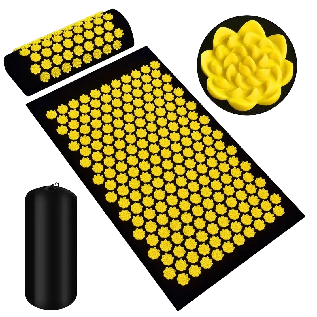 Roselle Wellness acupressure massage mat and neck pillow set with yellow lotus-shaped spikes on a black fabric base.