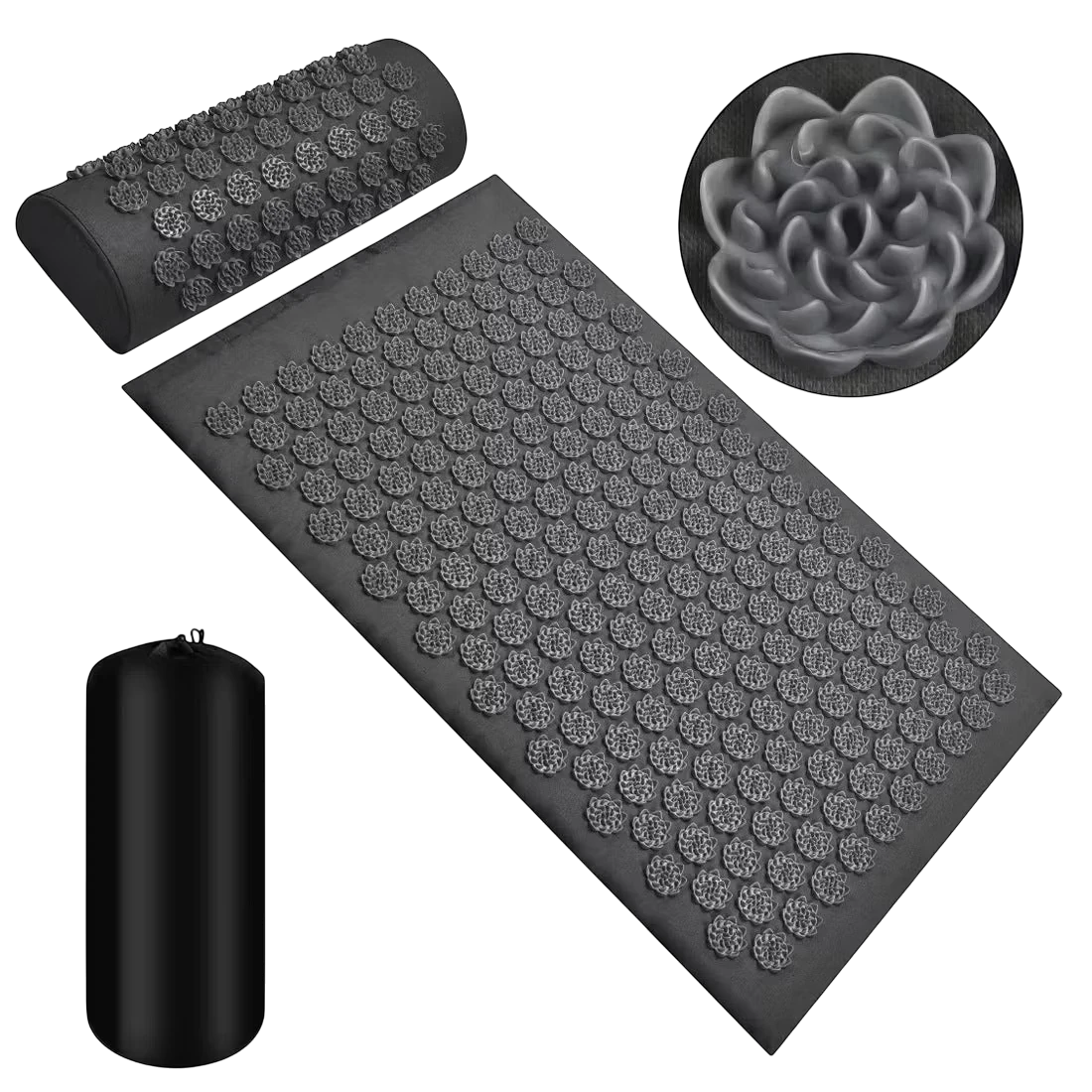 Roselle Wellness black acupressure massage mat and neck pillow set with lotus-shaped pressure points for back relief