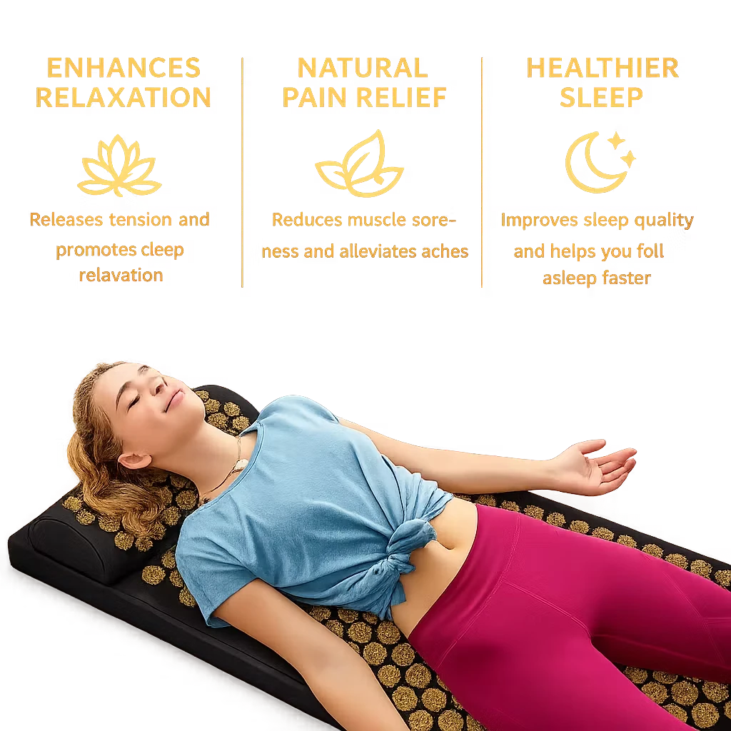 Roselle Wellness acupressure mat and pillow set with a woman lying down for relaxation and natural pain relief