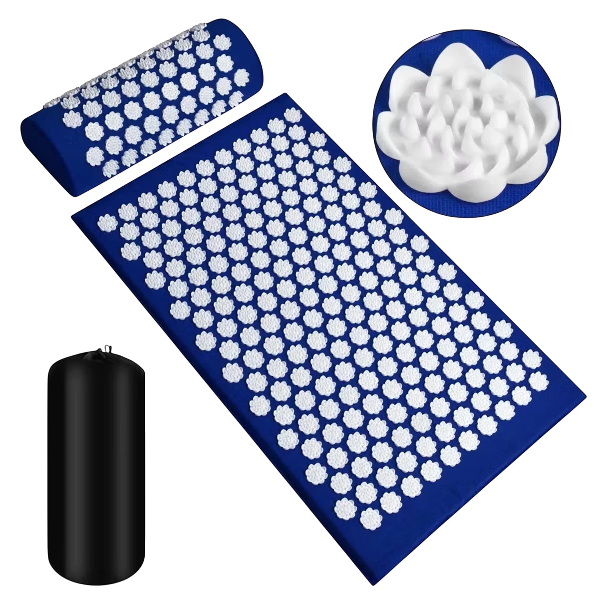 Roselle Wellness blue acupressure mat and neck pillow set with white lotus-shaped spikes for back and muscle relief.