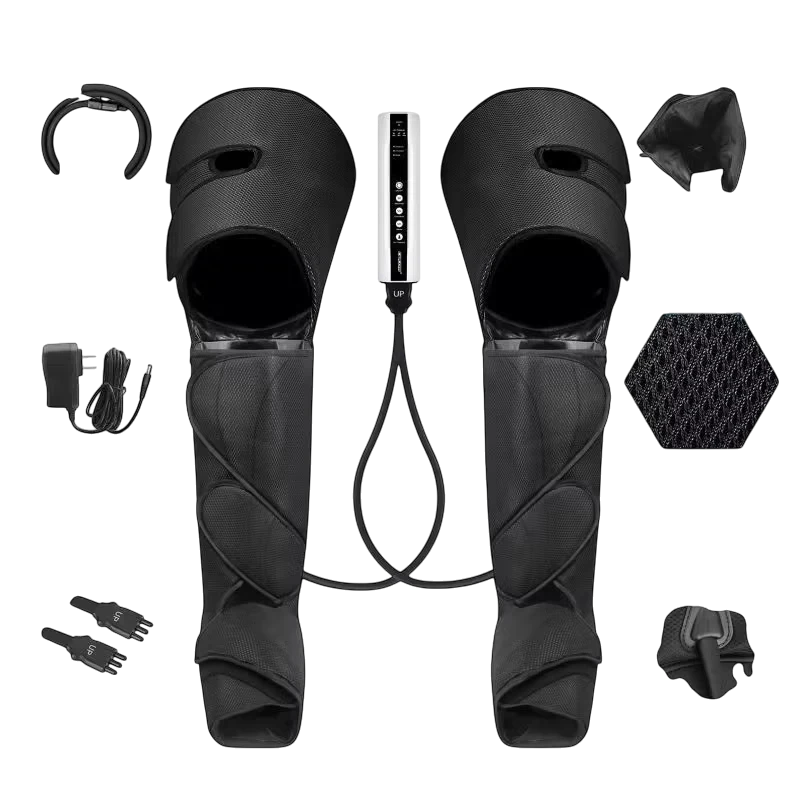 Roselle Wellness air compression leg and foot massager boots in black with handheld controller and power adapter