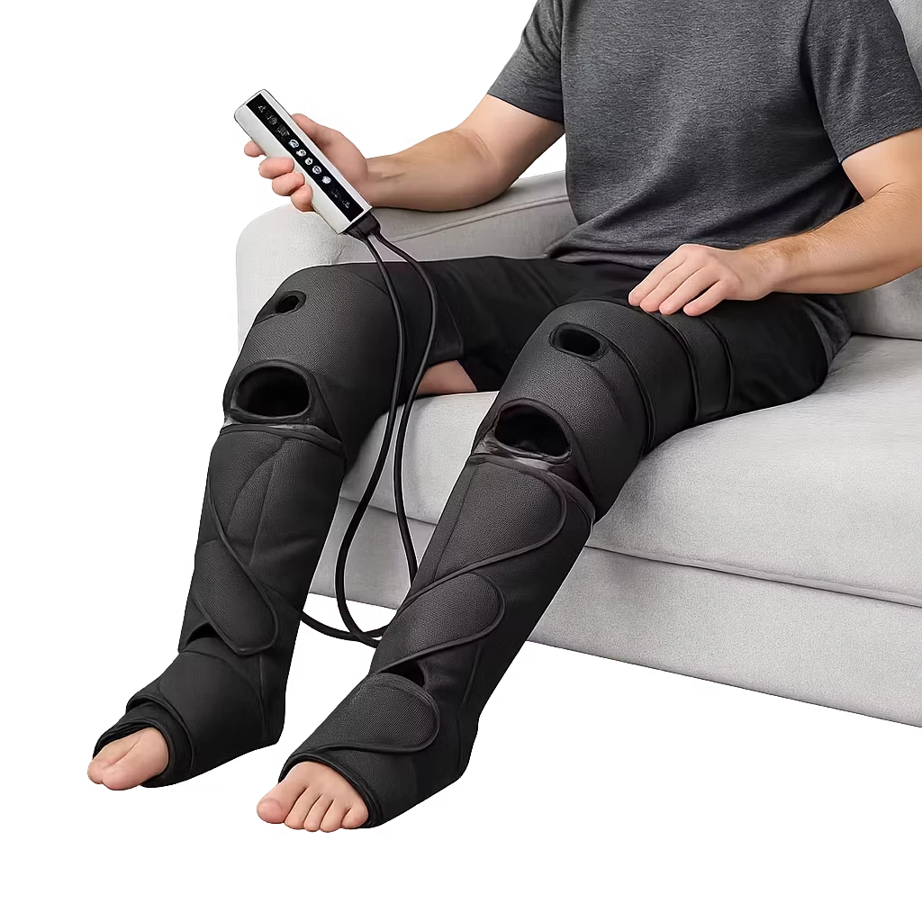 Roselle Wellness air compression leg and foot massager boots on a man sitting on a sofa with a handheld controller.