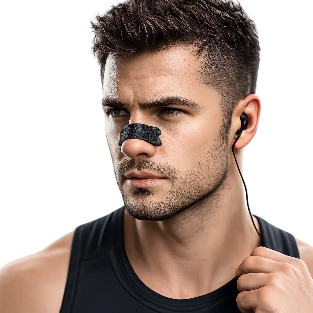 Roselle Wellness black nasal strip on a man wearing a black tank top and earphones for improved airflow