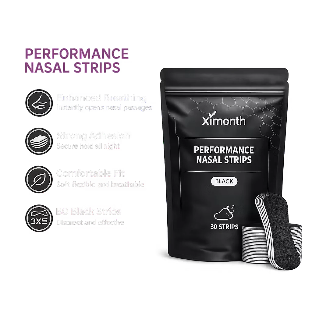 Roselle Wellness black nasal strips in a 30-count pouch for improved airflow and comfortable breathing