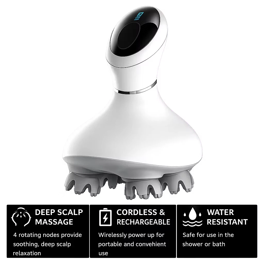 Roselle Wellness rechargeable waterproof electric scalp massager with four rotating nodes for deep tissue relaxation.
