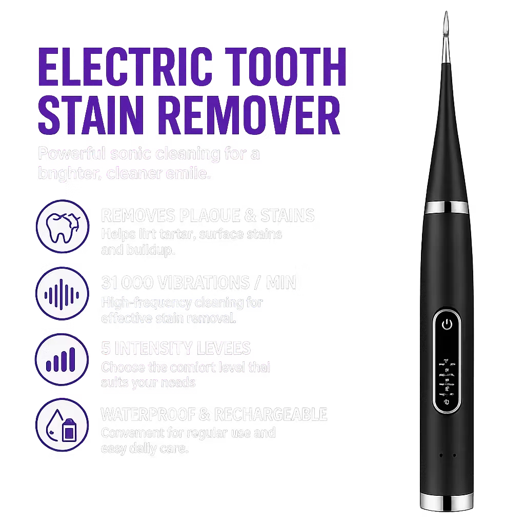 Roselle Wellness electric tooth stain remover with 5 intensity levels and sonic cleaning for a brighter smile