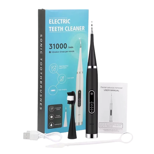 Roselle Wellness electric tooth stain remover kit with white and black sonic devices, brush heads, and manual.