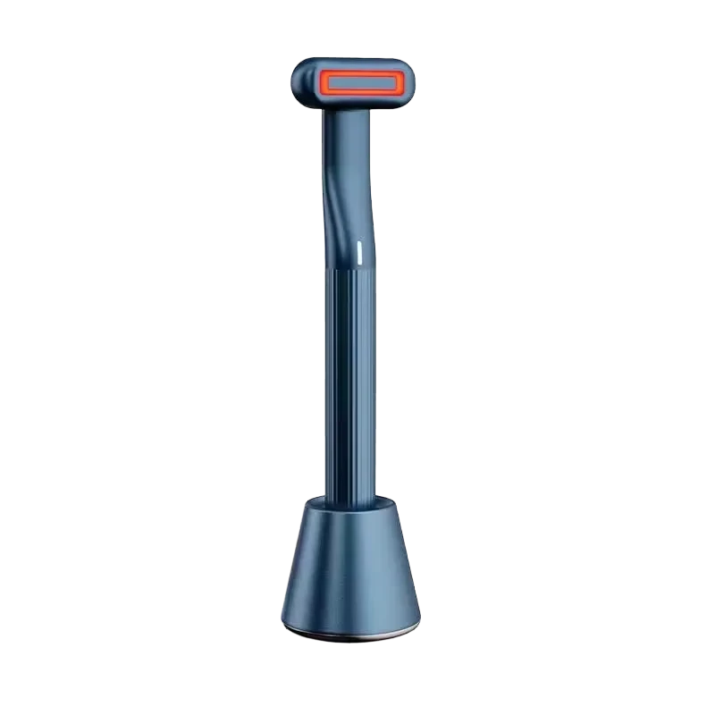Roselle Wellness 5-in-1 eye therapy wand in blue with red LED light and warming massage head on a stand