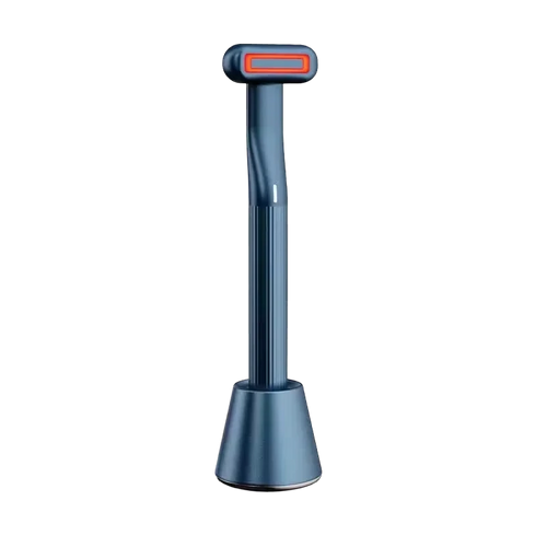 Roselle Wellness 5-in-1 eye therapy wand in blue with red LED light and warming massage head on a stand