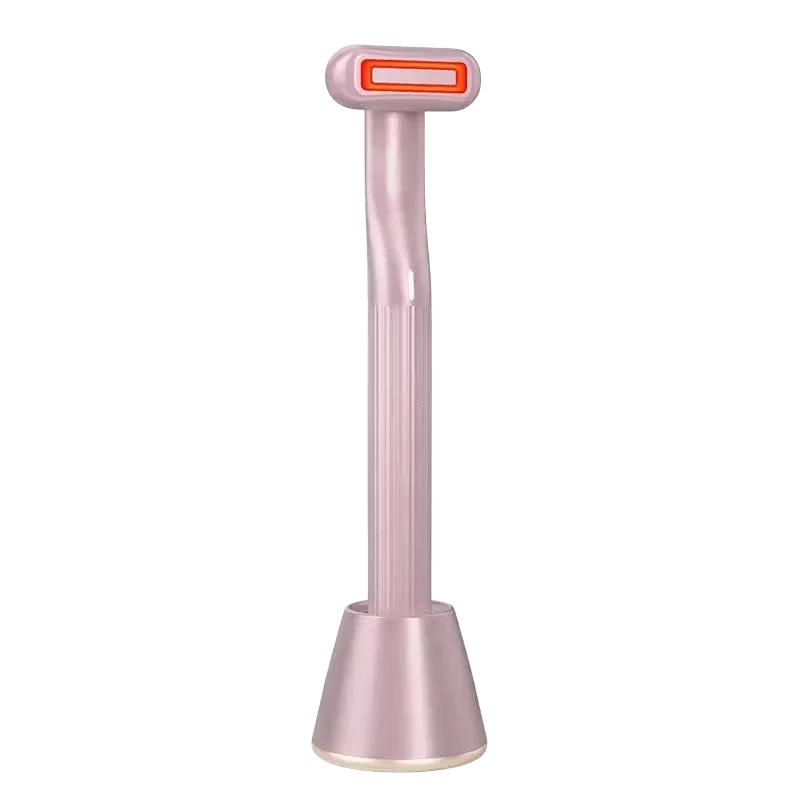 Roselle Wellness 5-in-1 eye therapy wand in light pink with a glowing red LED light head for at-home skincare.