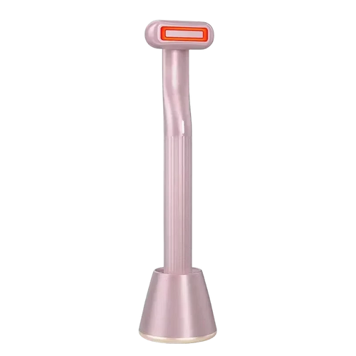 Roselle Wellness 5-in-1 eye therapy wand in light pink with a glowing red LED light head for at-home skincare.