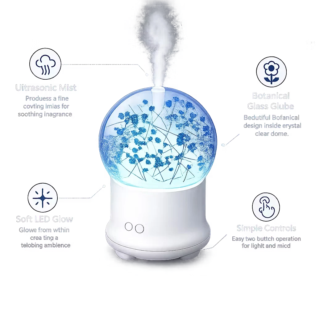 Roselle Wellness flower aromatherapy diffuser with a glass globe, blue floral design, ultrasonic mist, and LED glow.