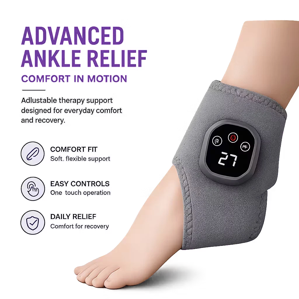 Roselle Wellness gray ankle heat therapy wrap with digital display for vibration massage and recovery support