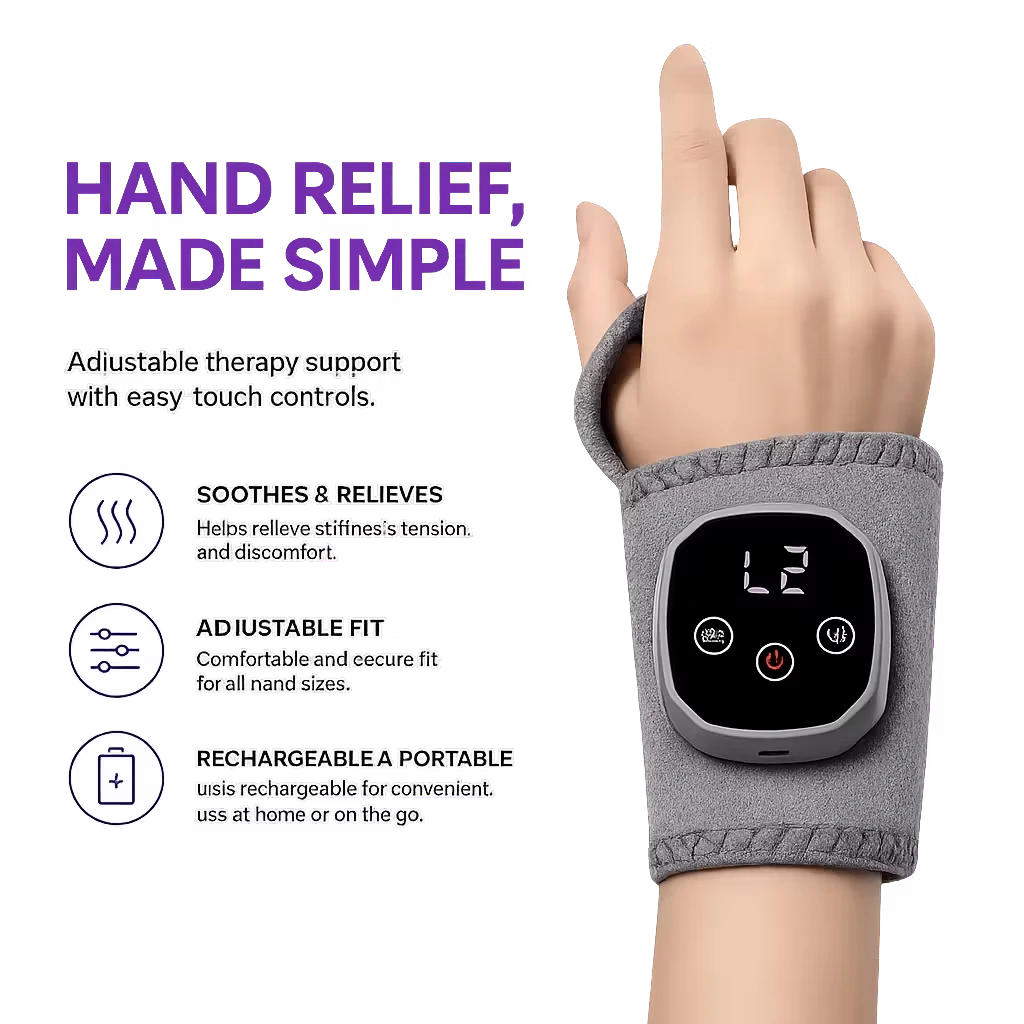 Roselle Wellness gray wrist heat therapy massager with digital display screen for hand pain relief and support