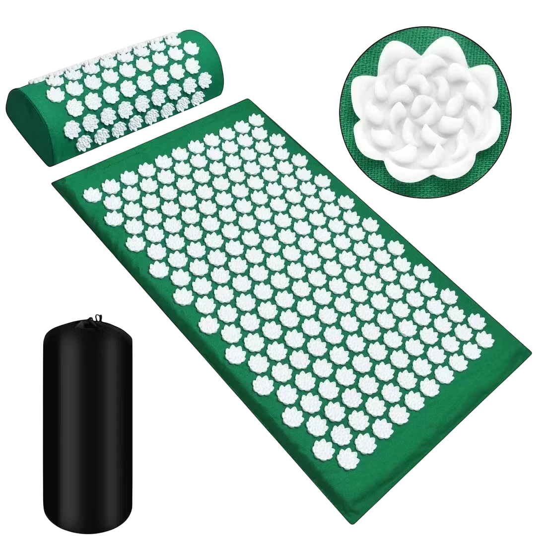 Roselle Wellness green acupressure massage mat and neck pillow set with white lotus-shaped stimulation points.