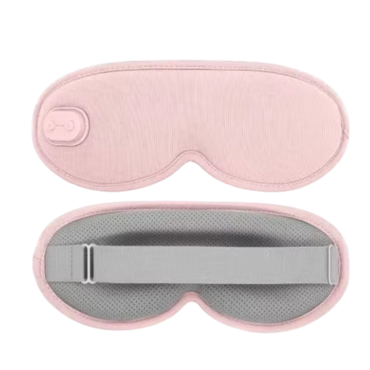 Roselle Wellness 3D heated eye mask in soft pink with a grey adjustable strap and integrated heat control button.