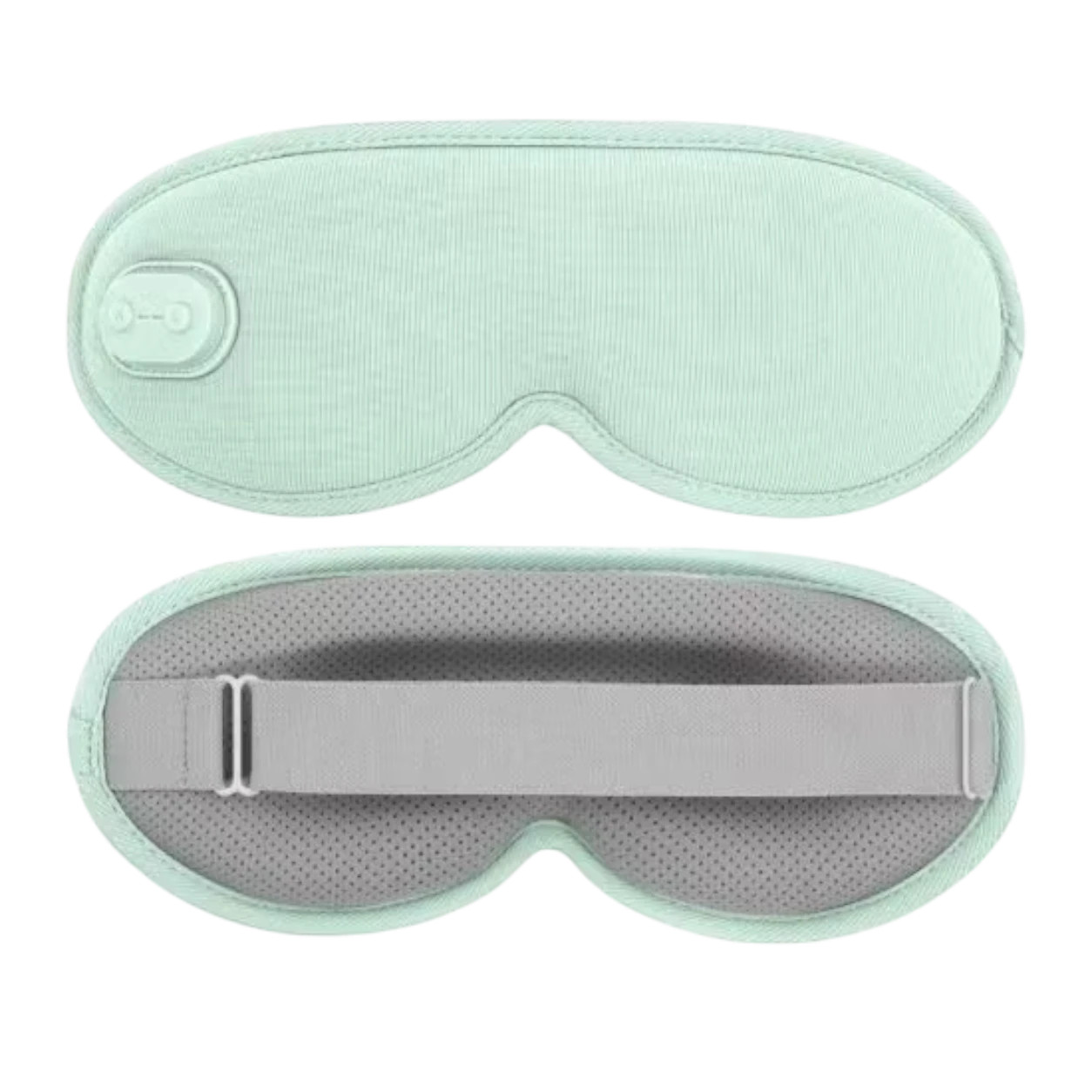 Roselle Wellness 3D heated eye mask in mint green with a soft fabric exterior, adjustable strap, and control button.