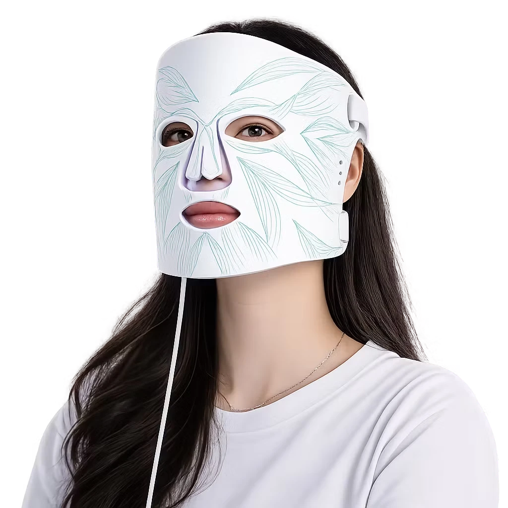 Roselle Wellness flexible white silicone LED light therapy mask worn by a woman for at-home skincare treatment.