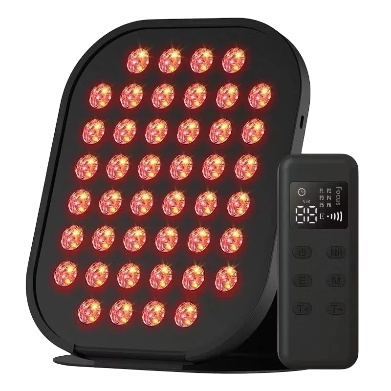Roselle Wellness LED light therapy panel with red light bulbs and a digital remote control for at-home skincare.