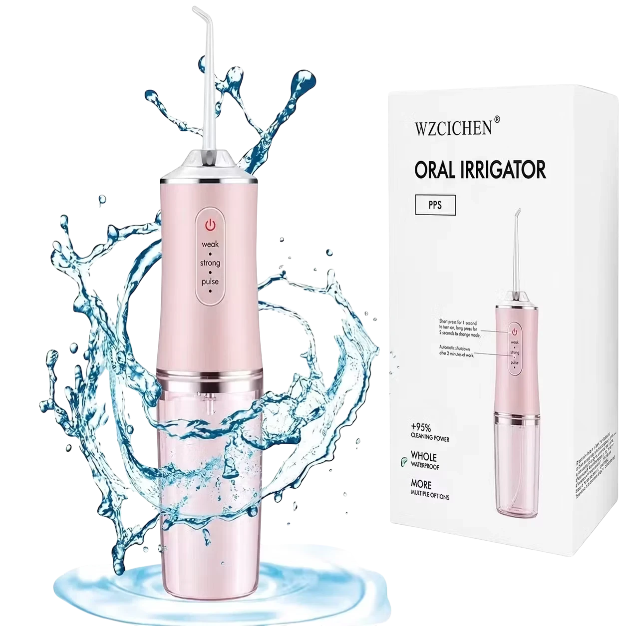 Roselle Wellness portable pink water flosser with three cleaning modes and water splash effect next to product box