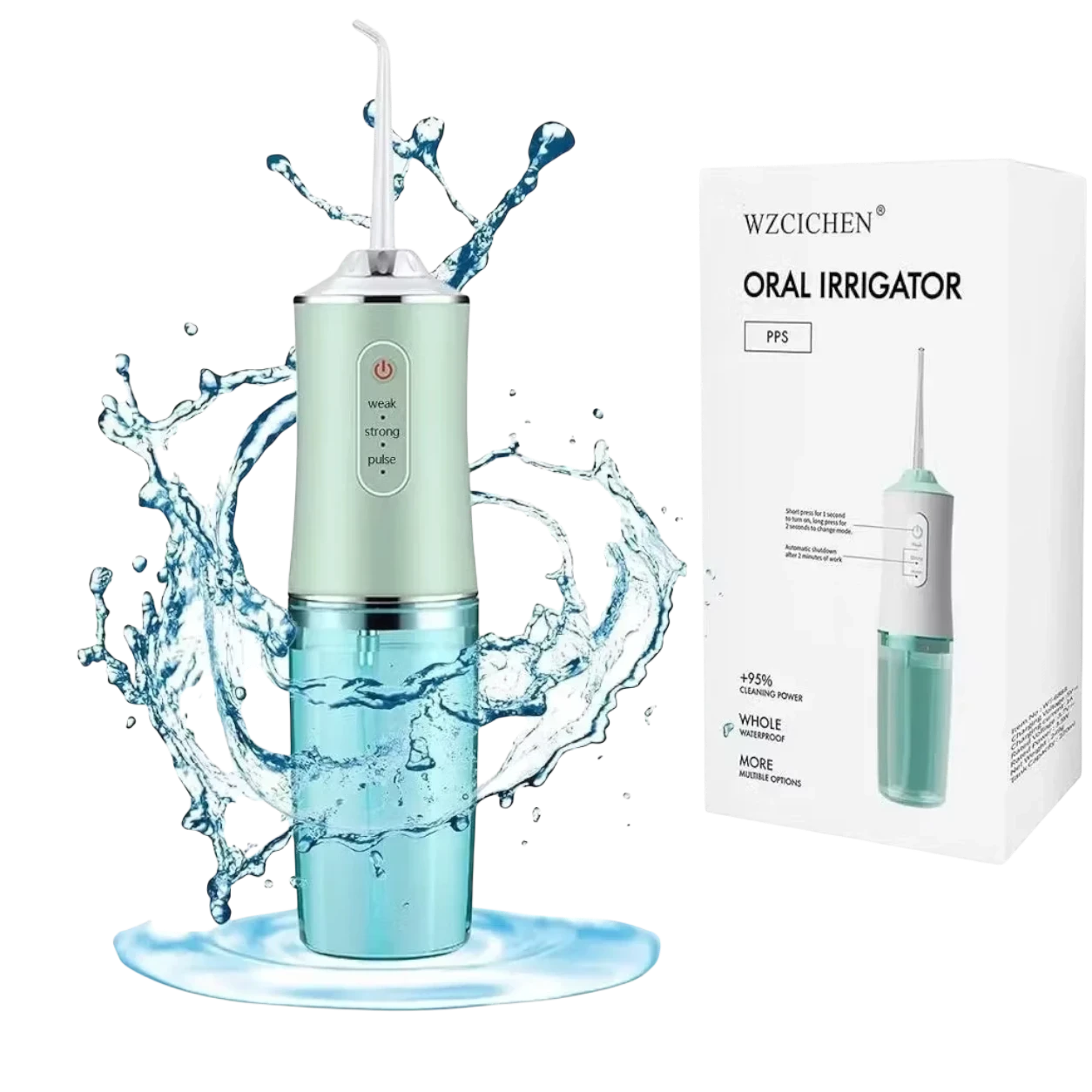 Roselle Wellness portable water flosser in mint green with water splash effect and product packaging box