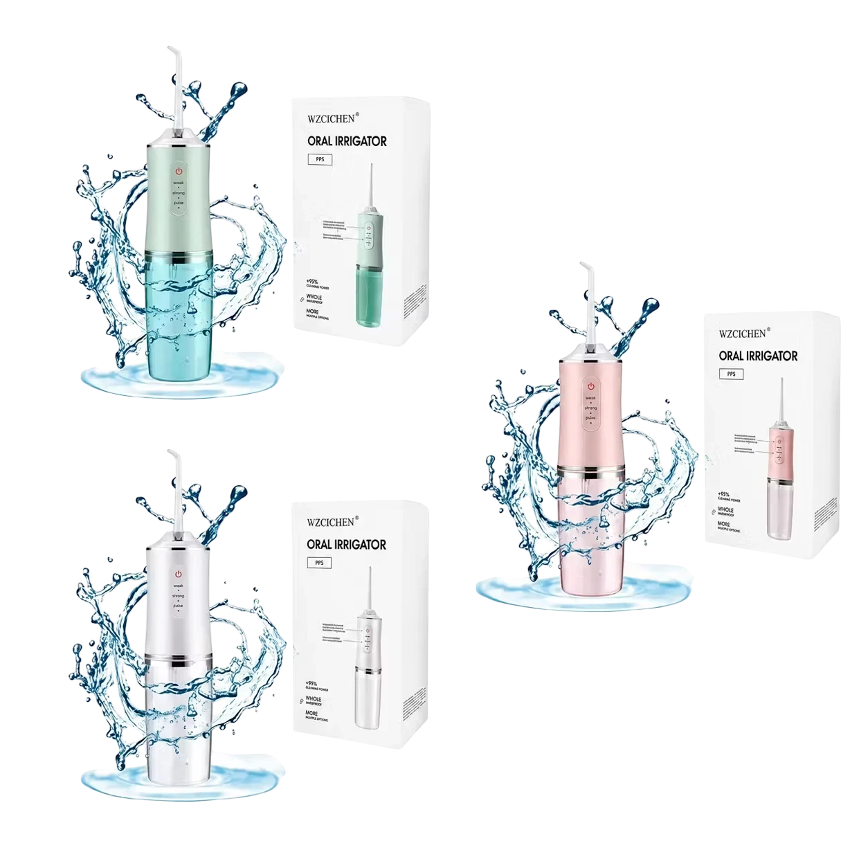 Roselle Wellness portable water flossers in mint, pink, and silver with water splash effects and product packaging.