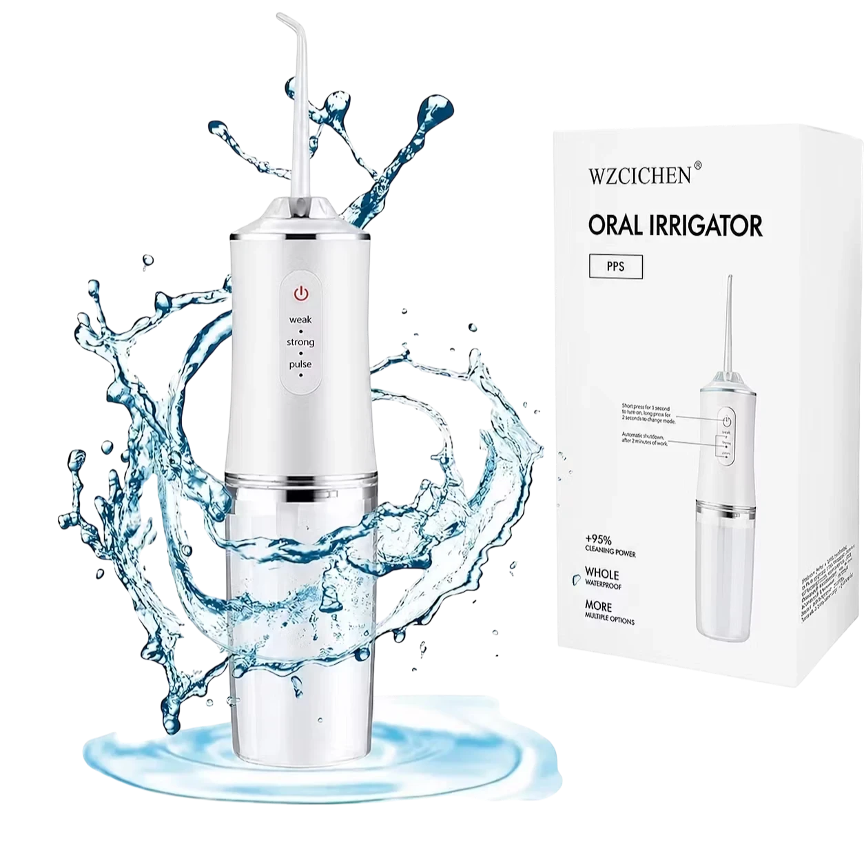 Roselle Wellness portable white water flosser with three cleaning modes and water splash effect next to product box
