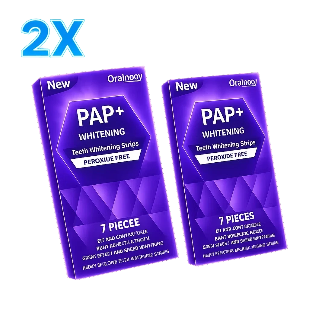 Roselle Wellness purple PAP+ teeth whitening strips in two boxes for a brighter smile with dry-application design.