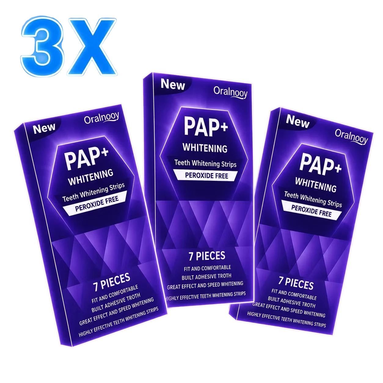Roselle Wellness PAP+ purple teeth whitening strips in three boxes with a dry-application design for a brighter smile.