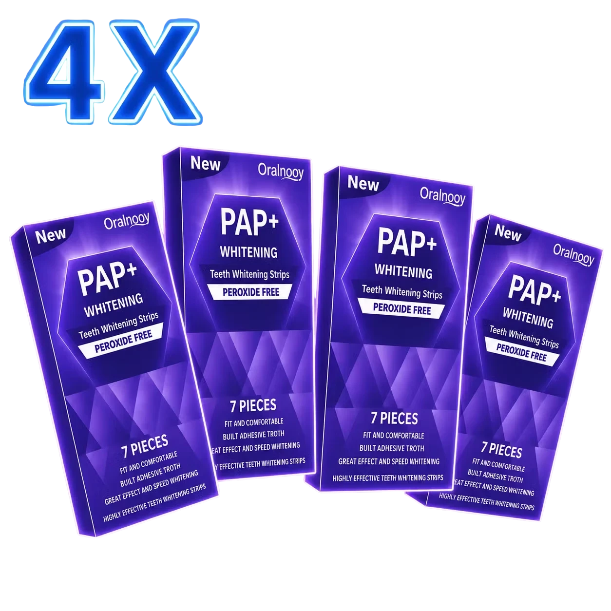 Roselle Wellness PAP+ purple teeth whitening strips in four boxes for a brighter smile with dry-application design