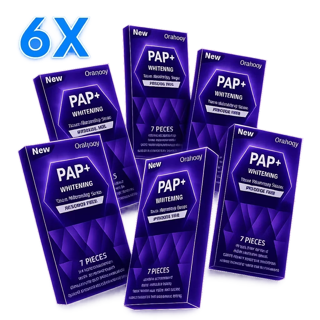 Roselle Wellness PAP+ purple teeth whitening strips in a 6-pack set for a brighter smile with dry-application design.