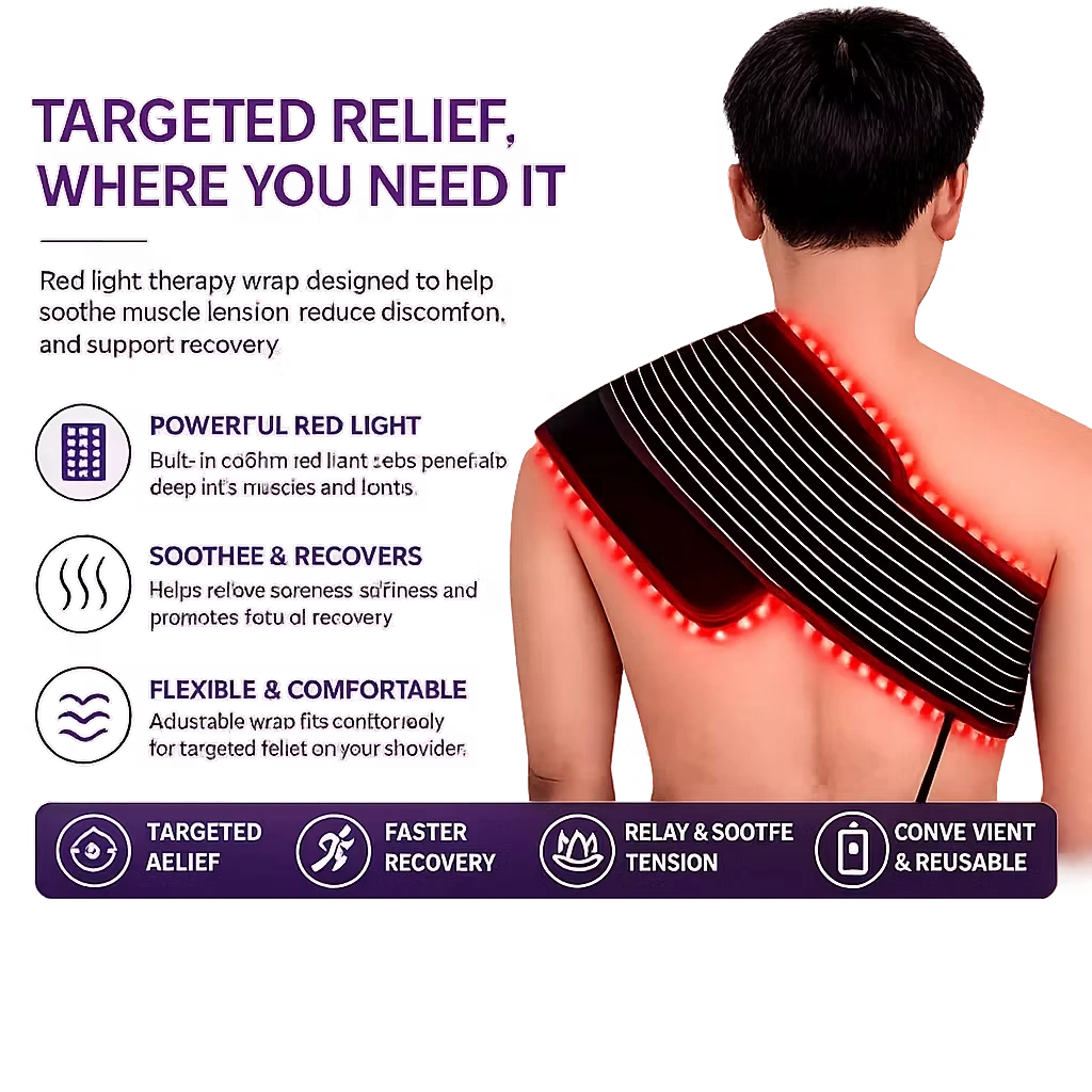 Roselle Wellness red light therapy wrap worn on a shoulder to provide soothing heat and muscle recovery support.