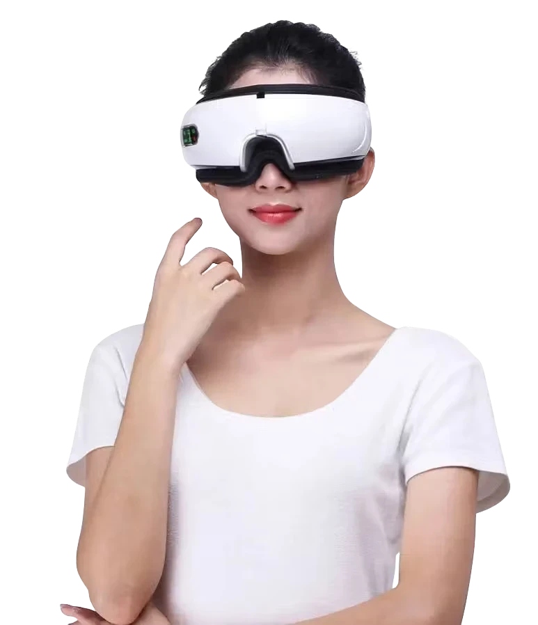 Roselle Wellness smart eye massager in white with black trim worn by a woman for soothing relaxation and warmth