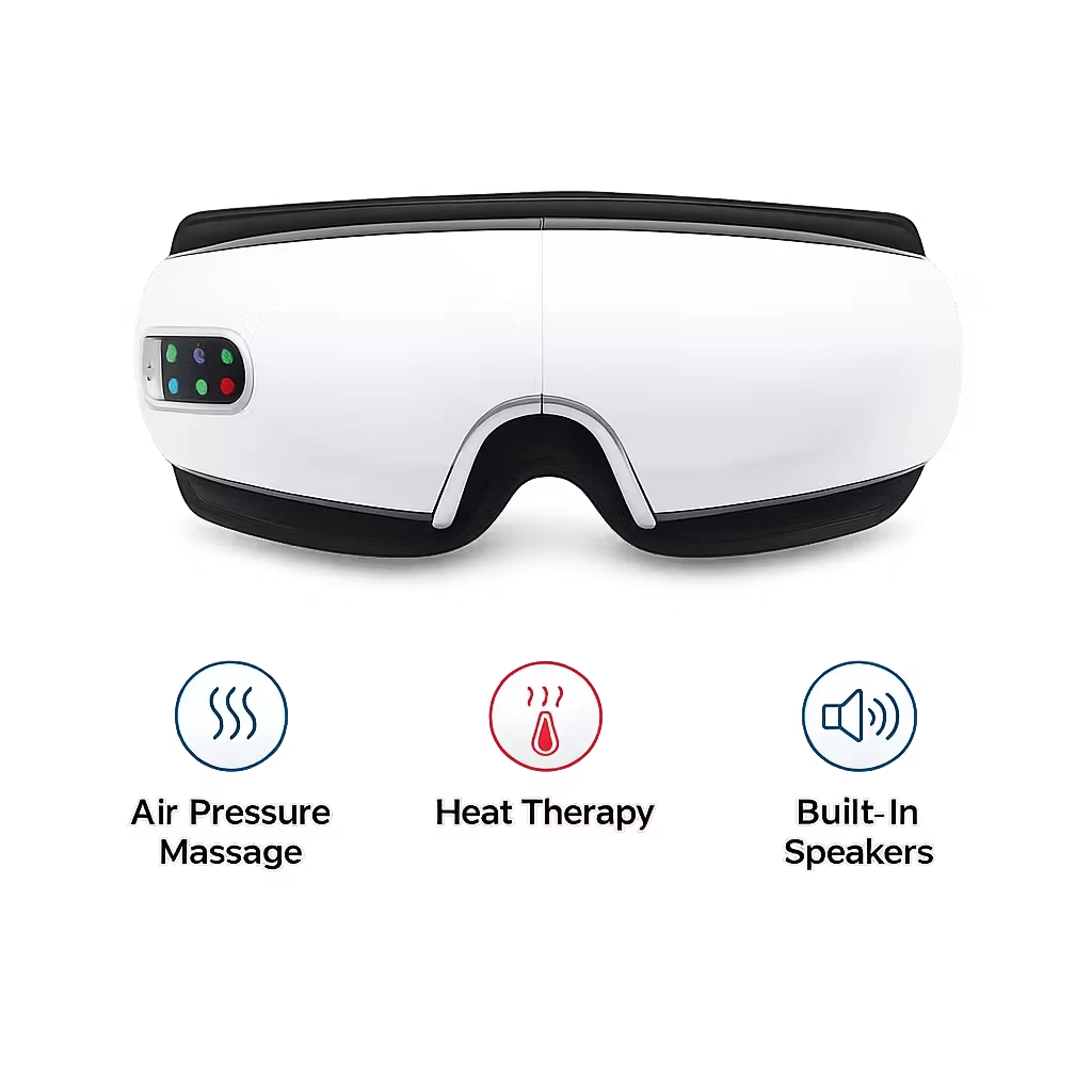 Roselle Wellness smart eye massager in white featuring air pressure, heat therapy, and built-in speakers.