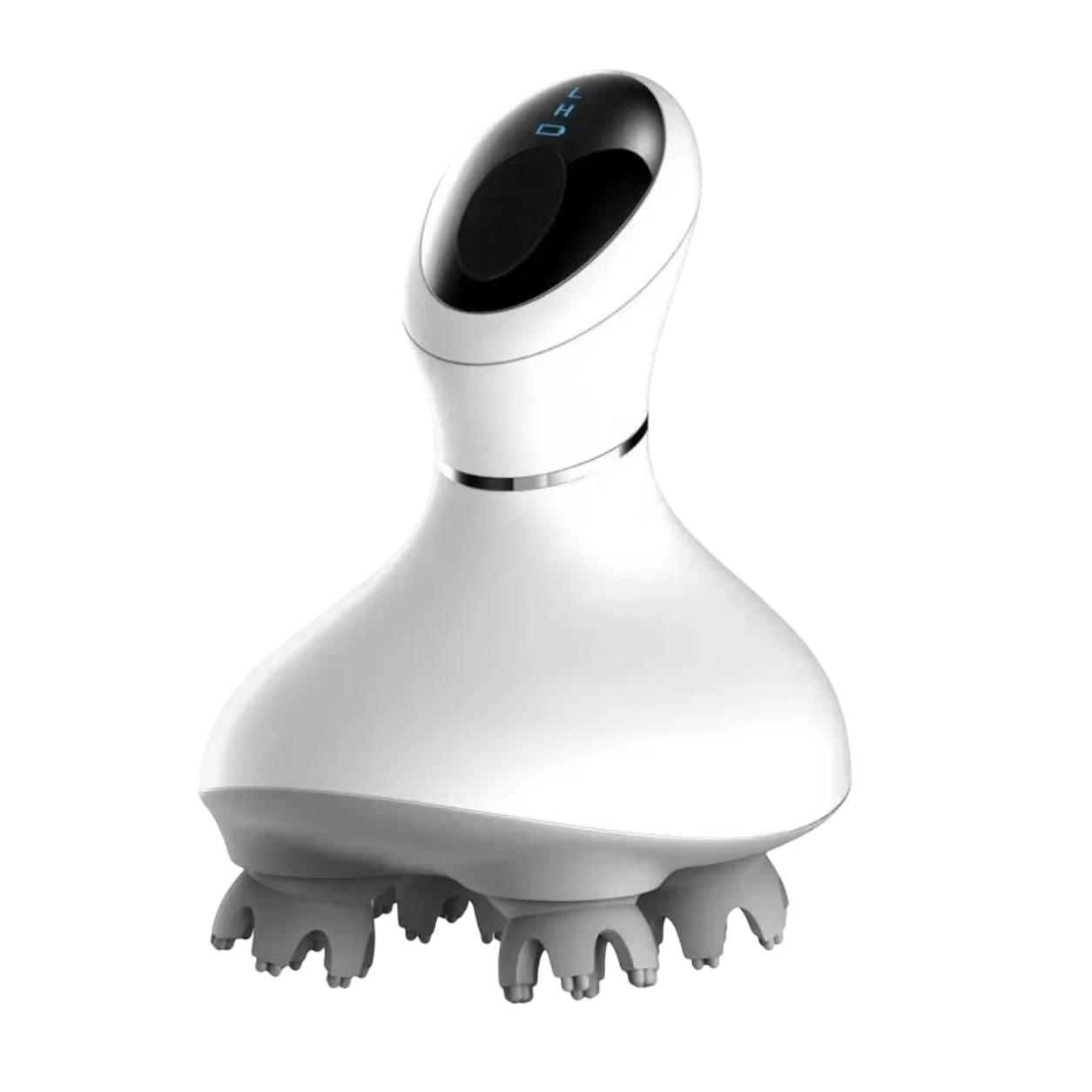 Roselle Wellness rechargeable waterproof electric scalp massager with white ergonomic body and rotating massage nodes